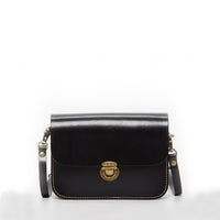Women's Black Leather Crossbody Bag - SUSU Nanah Camera Bag Style with Bronze Hardware - Diazza