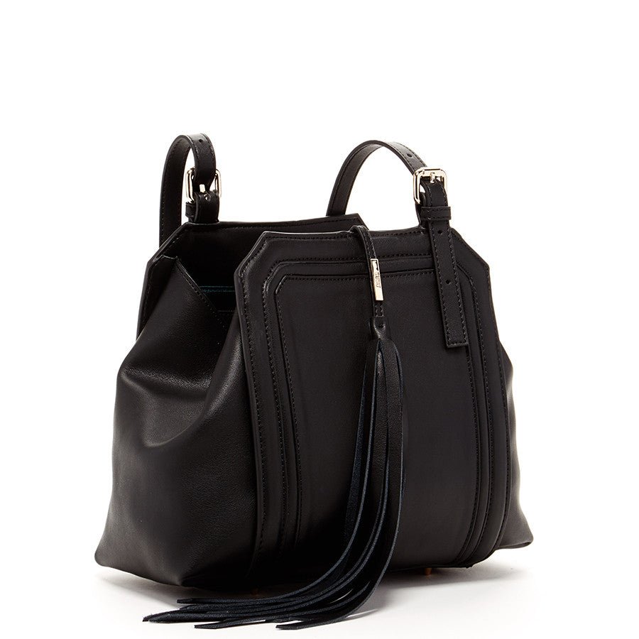 Women's Black Leather Satchel Bag - Hannah Large Handbag with Tassel - Diazza