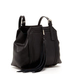 Women's Black Leather Satchel Bag - Hannah Large Handbag with Tassel - Diazza