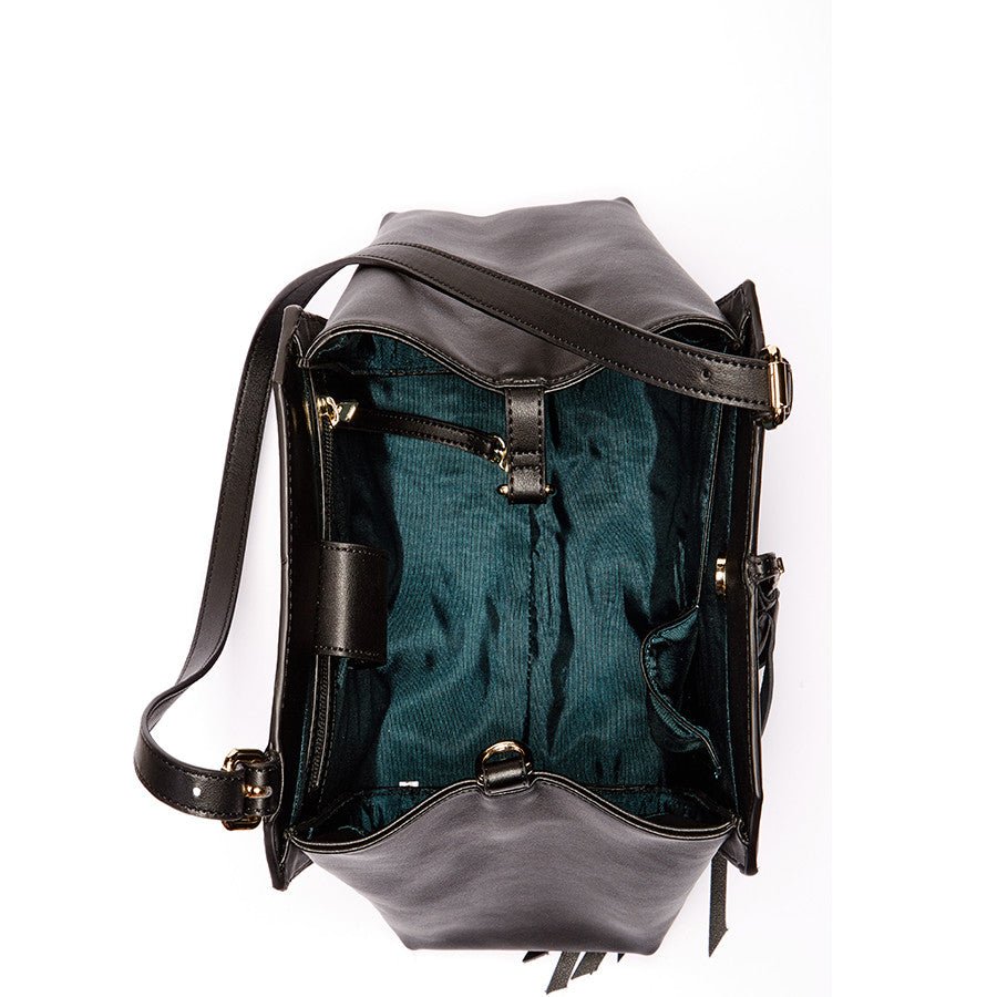 Women's Black Leather Satchel Bag - Hannah Large Handbag with Tassel - Diazza
