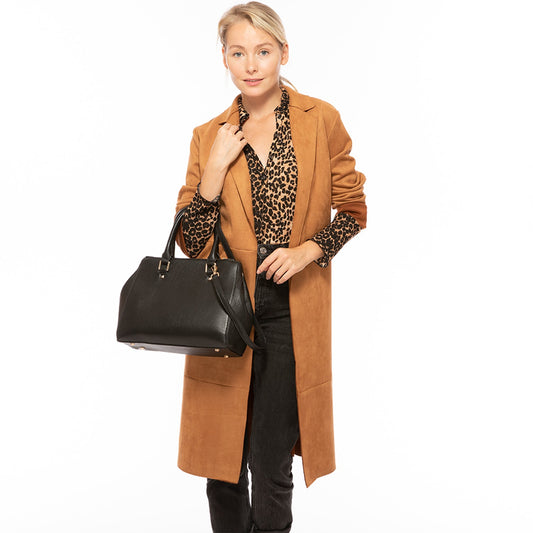 Women's Black Leather Satchel Bag - SUSU Chloe Large Handbag with Crossbody Strap - Diazza