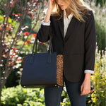 Women's Black Leopard Leather Tote Bag - Jody Color - Blocked Large Handbag - Diazza