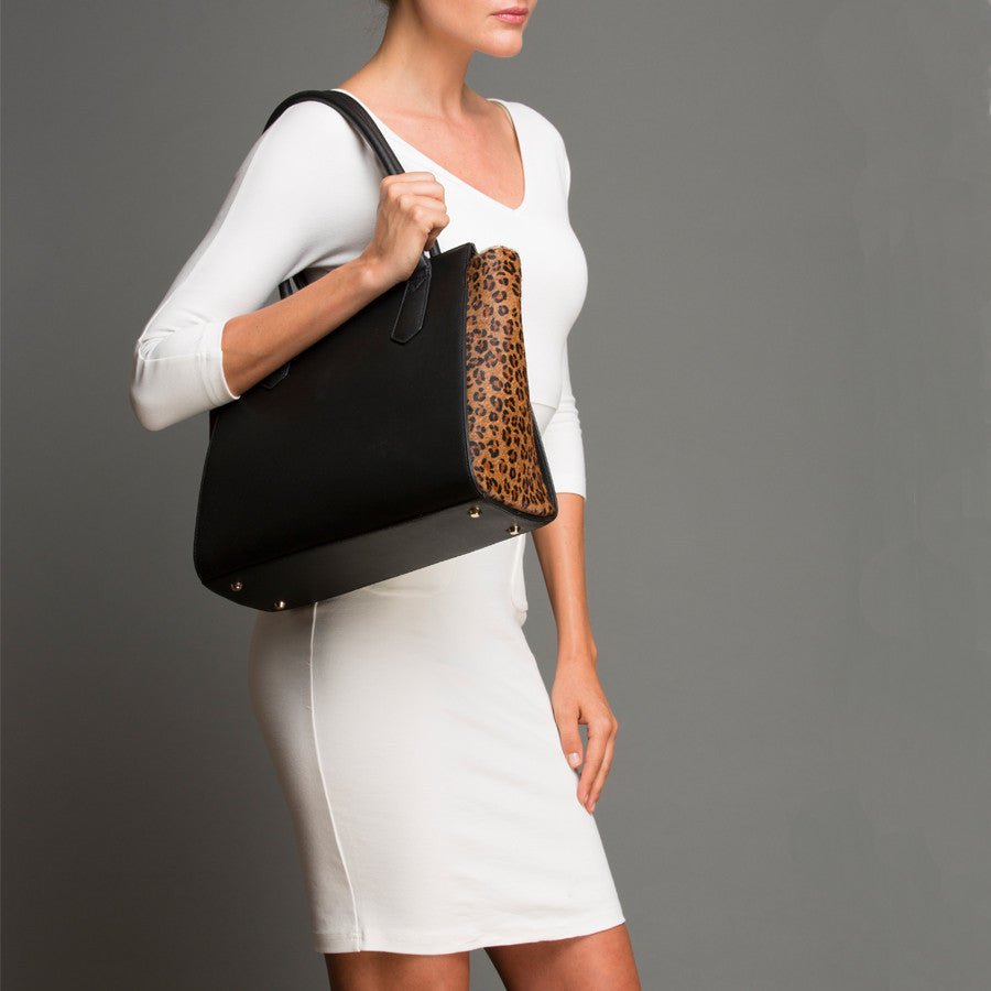 Women's Black Leopard Leather Tote Bag - Jody Color - Blocked Large Handbag - Diazza