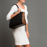 Women's Black Leopard Leather Tote Bag - Jody Color - Blocked Large Handbag - Diazza