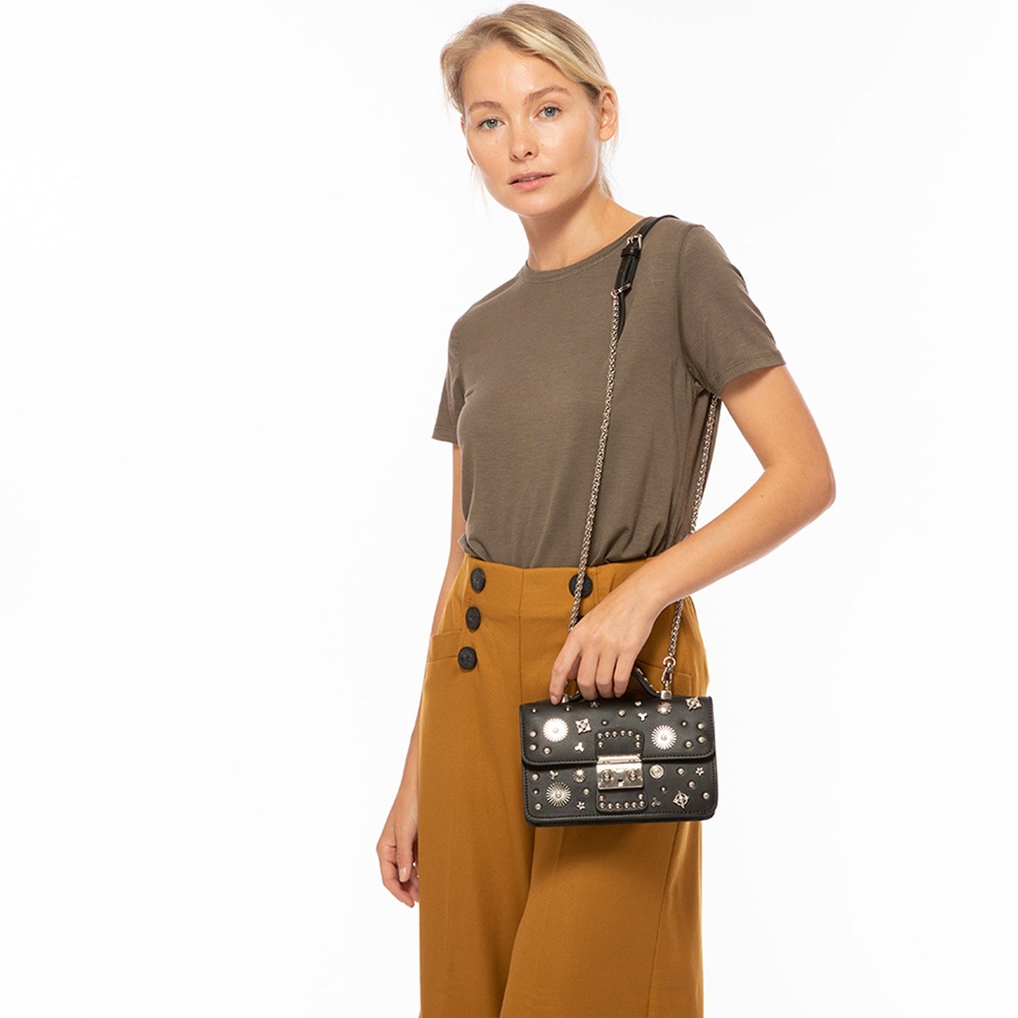 Women's Black Studded Leather Small Crossbody Bag - SUSU Hollywood Purse - Diazza