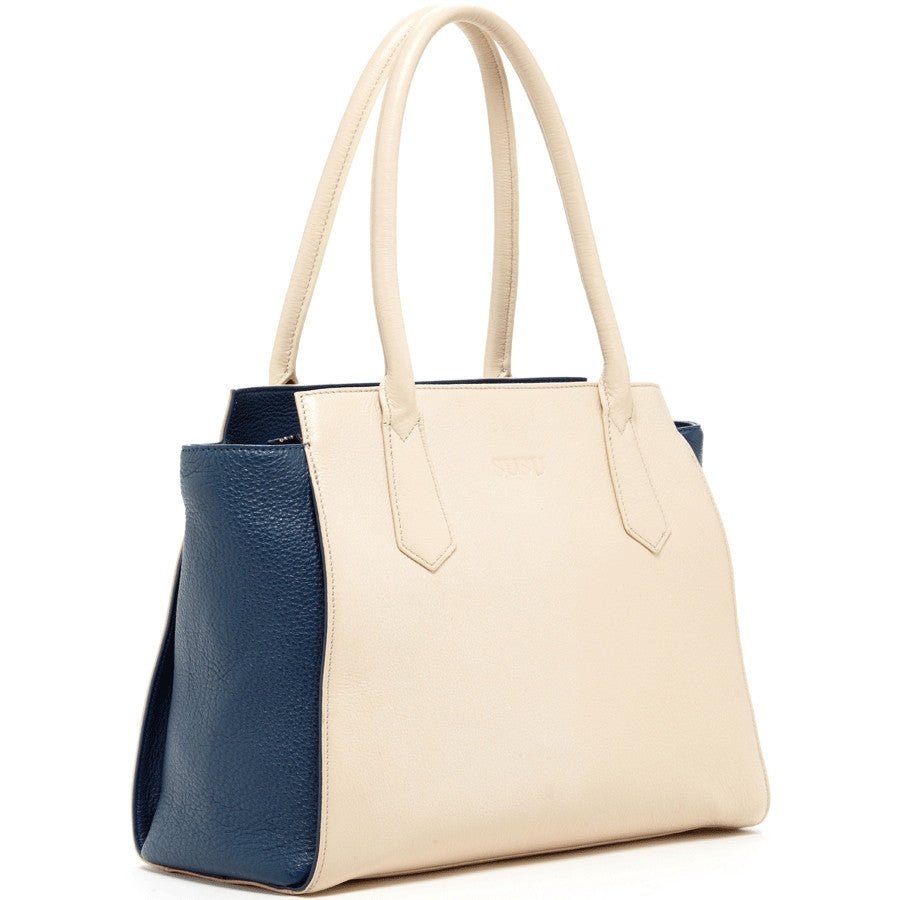Women's Blue Ivory Leather Tote Bag - SUSU Jody Large Handbag - Diazza