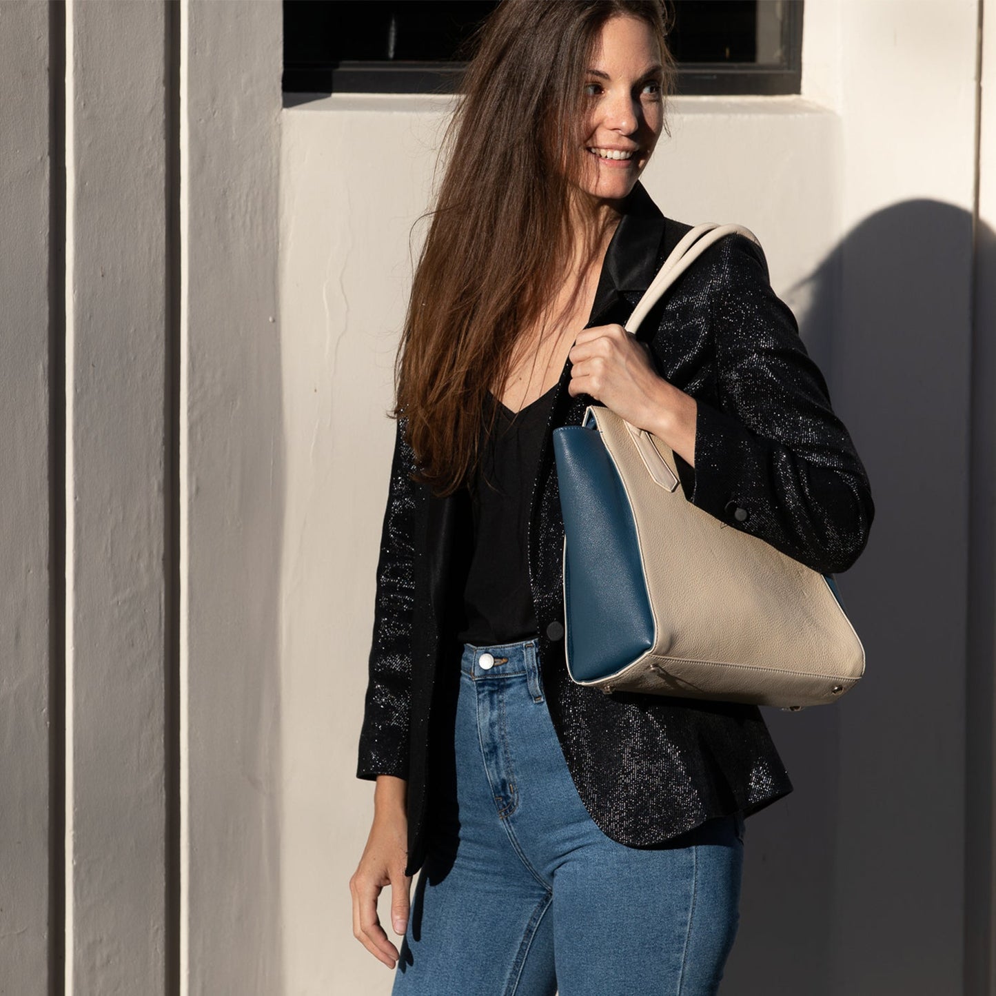 Women's Blue Ivory Leather Tote Bag - SUSU Jody Large Handbag - Diazza