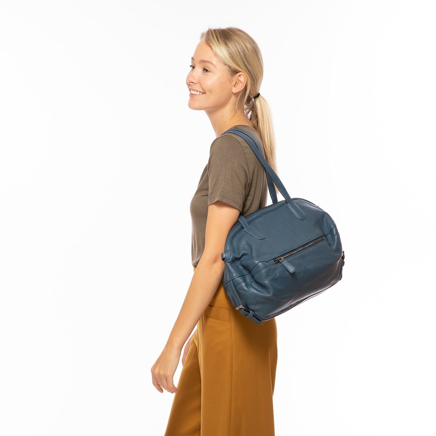 Women's Blue Leather Satchel Bag - SUSU Catherine Large Shoulder Purse - Diazza