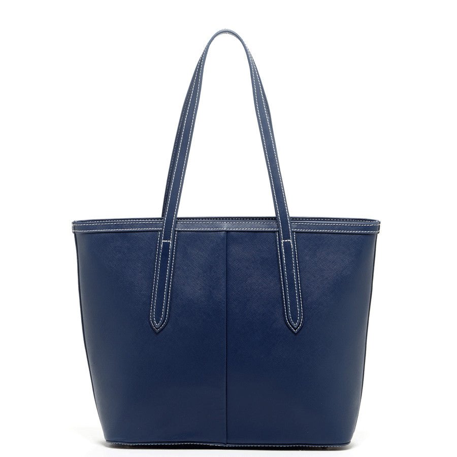 Women's Blue Leather Shoulder Bag - SUSU Ludlow Studded Tote with Zipper - Diazza