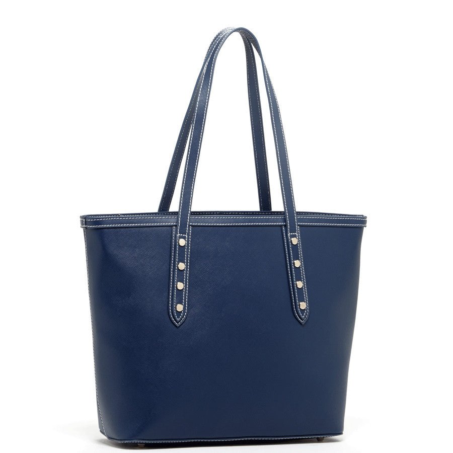 Women's Blue Leather Shoulder Bag - SUSU Ludlow Studded Tote with Zipper - Diazza