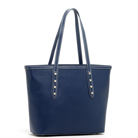Women's Blue Leather Shoulder Bag - SUSU Ludlow Studded Tote with Zipper - Diazza