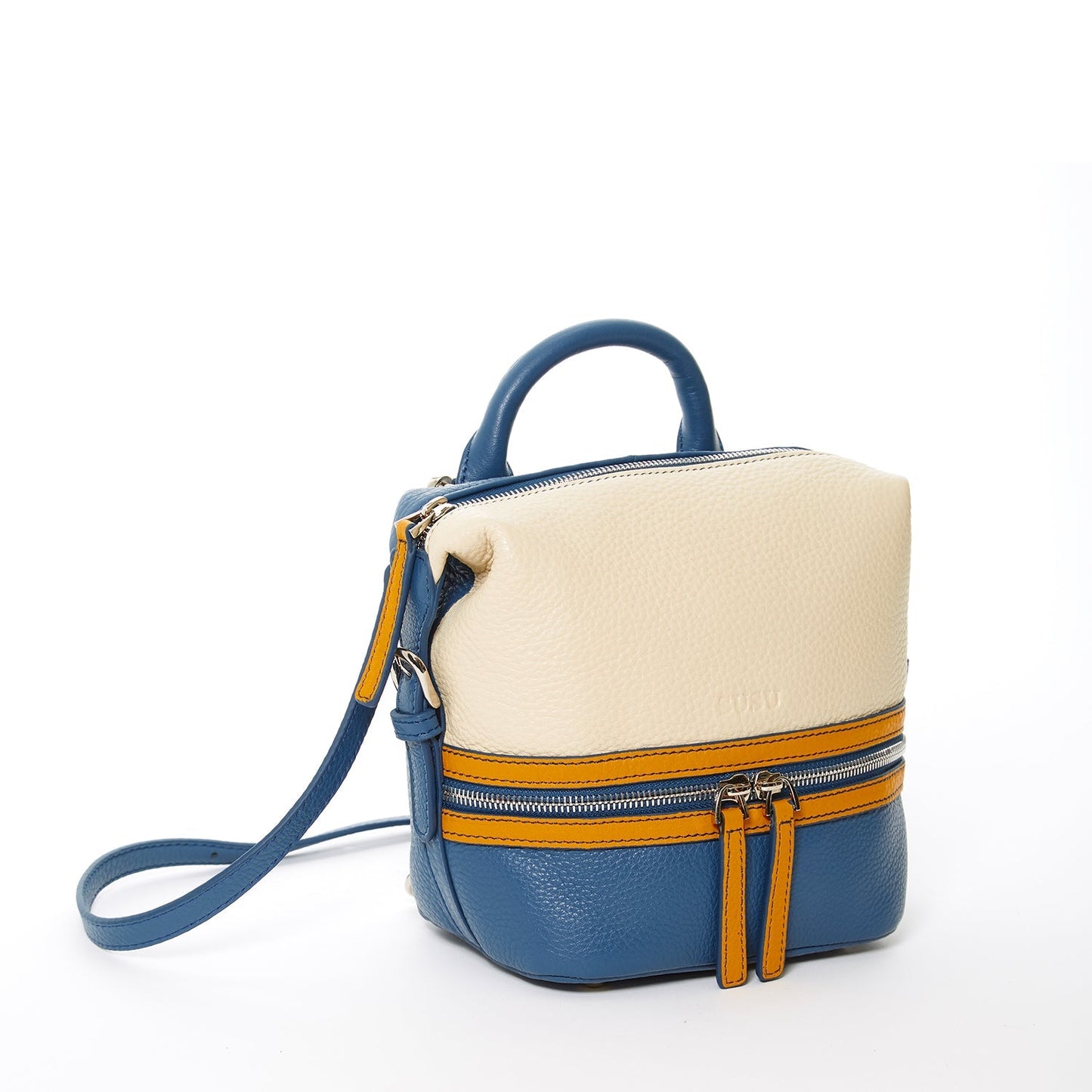 Women's Blue White Yellow Leather Convertible Backpack - SUSU Ashley Medium Purse - Diazza