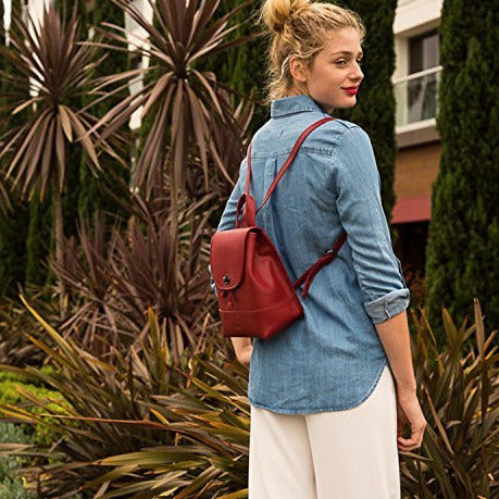 Women's Brick Red Leather Backpack - Nicole Drawstring Backpack with Adjustable Straps - Diazza