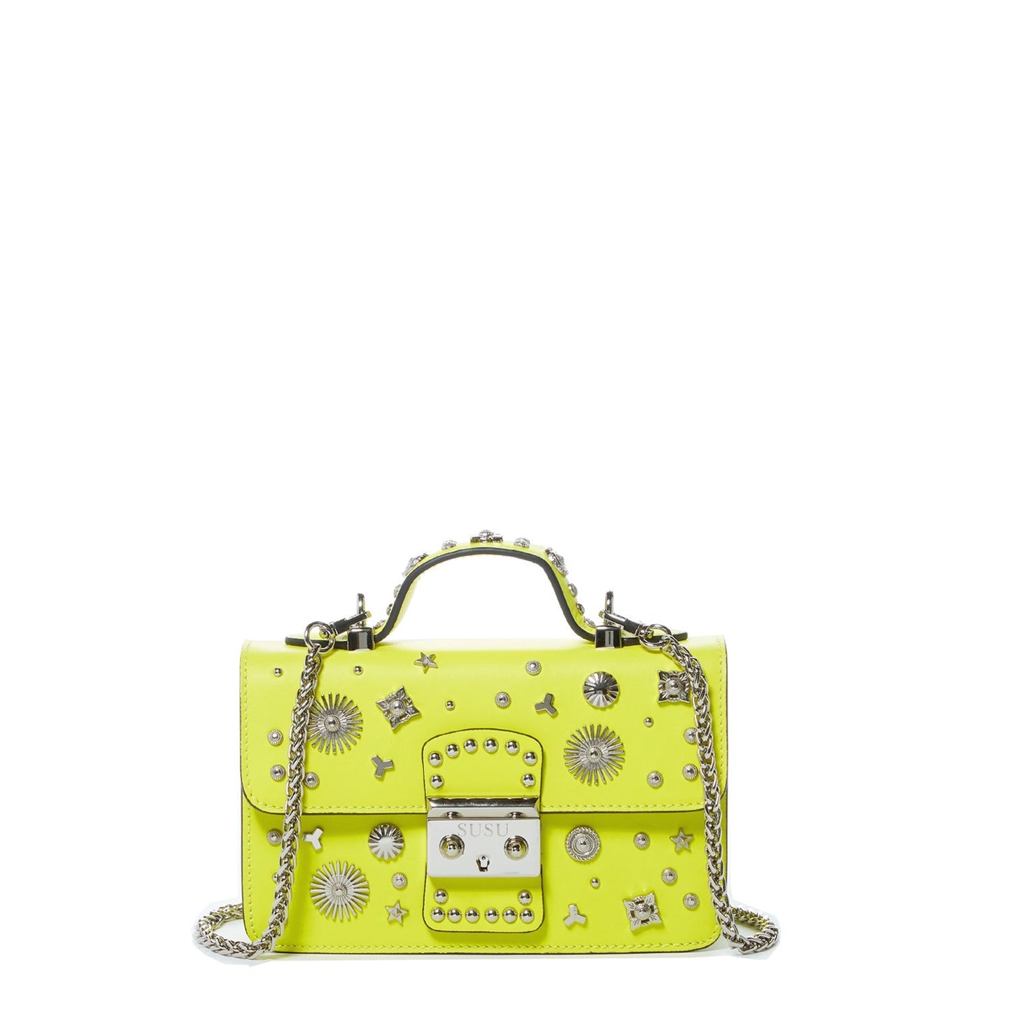 Women's Bright Yellow Leather Crossbody Bag - SUSU Hollywood Studded Mini Purse - Diazza