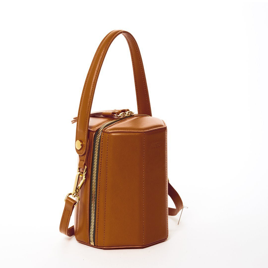 Women's Brown Leather Bucket Bag - SUSU Harper Small Geometric Crossbody Purse - Diazza