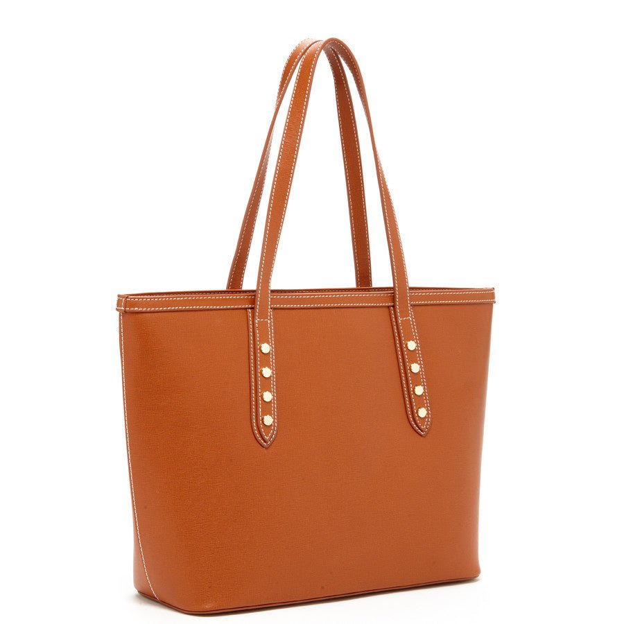 Women's Brown Leather Shoulder Bag - SUSU Ludlow Studded Tote with Zipper - Diazza