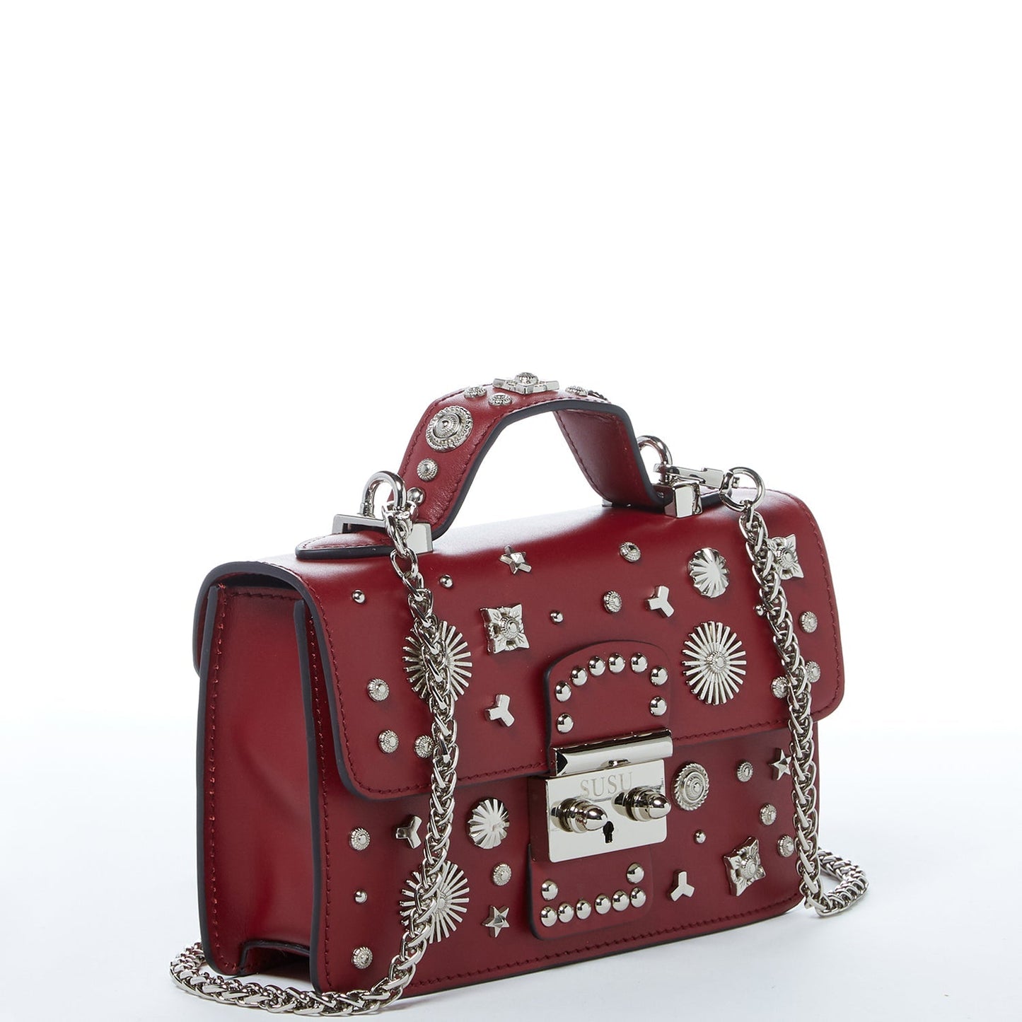 Women's Burgundy Studded Leather Crossbody Bag - SUSU Small Purse with Chain Strap - Diazza