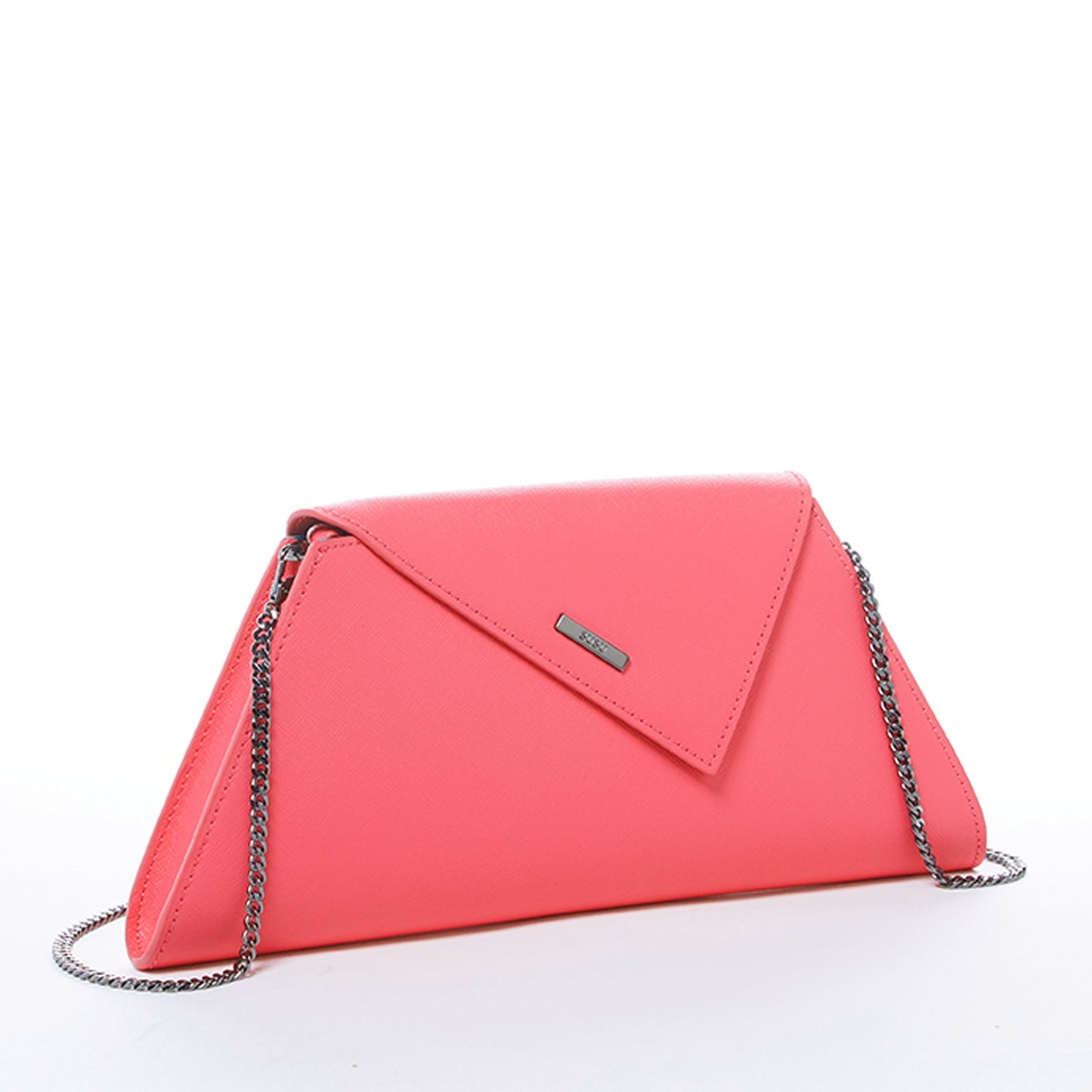 Women's Coral Pink Leather Clutch - Angelica Crosshatched Clutch Purse with Chain - Diazza