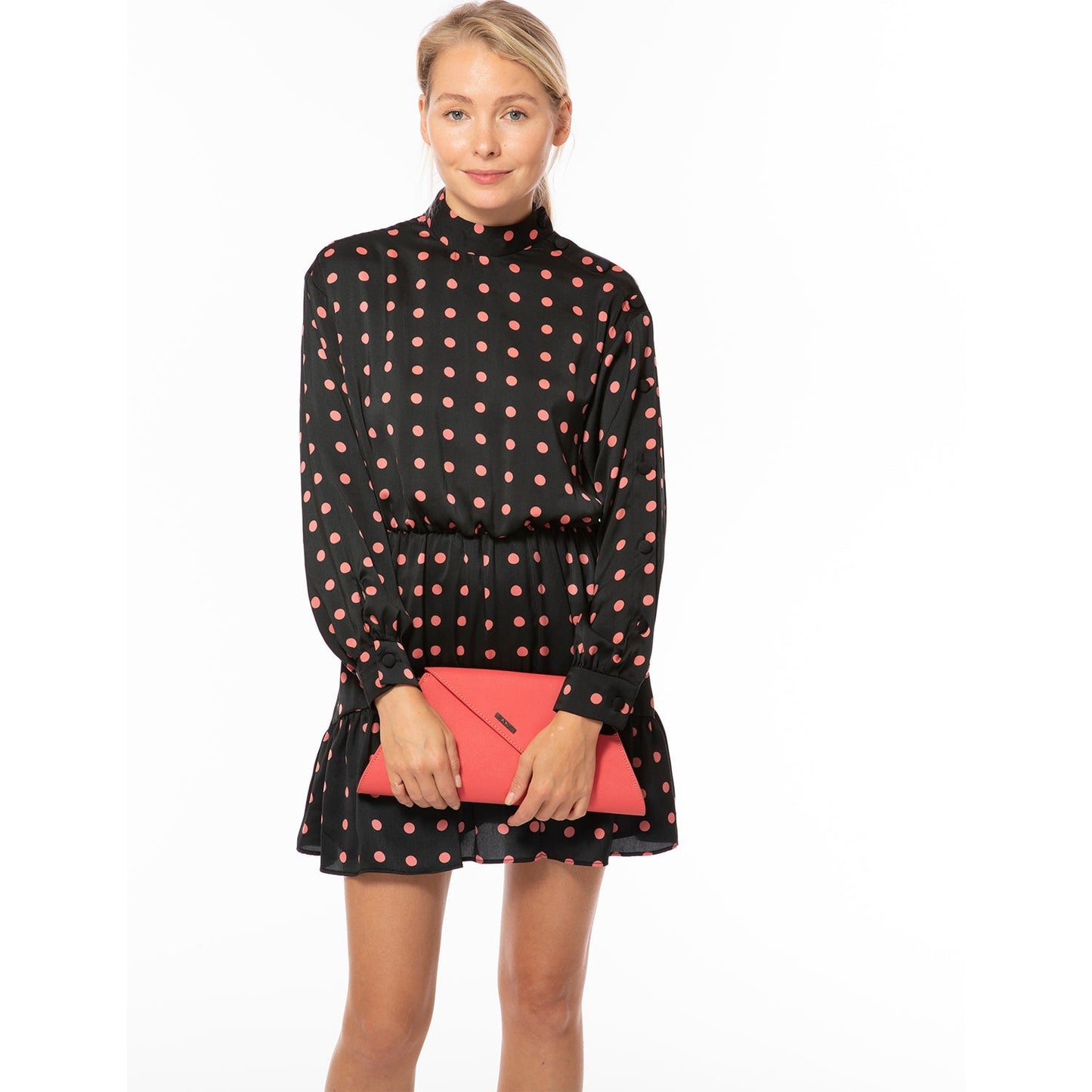 Women's Coral Pink Leather Clutch - Angelica Crosshatched Clutch Purse with Chain - Diazza