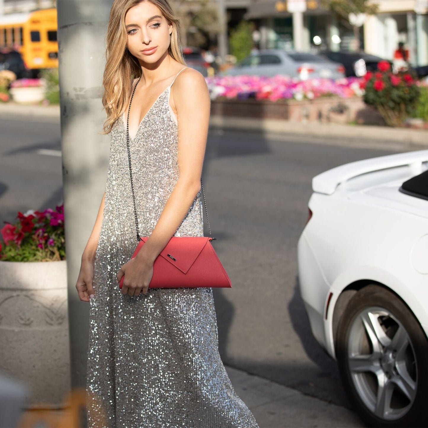 Women's Coral Pink Leather Clutch - Angelica Crosshatched Clutch Purse with Chain - Diazza