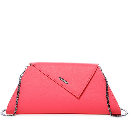 Women's Coral Pink Leather Clutch - Angelica Crosshatched Clutch Purse with Chain - Diazza