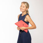 Women's Coral Pink Leather Clutch - Angelica Crosshatched Clutch Purse with Chain - Diazza