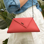 Women's Coral Pink Leather Clutch - Angelica Crosshatched Clutch Purse with Chain - Diazza