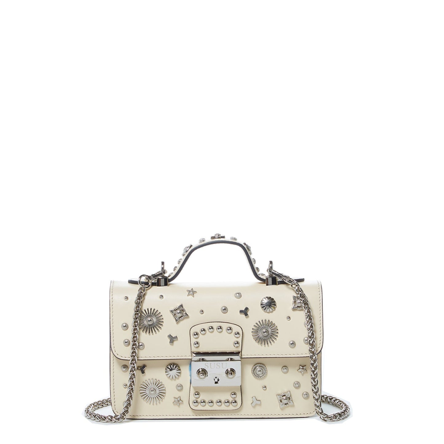 Women's Cream Off White Leather Crossbody Bag - SUSU Hollywood Studded Mini Purse - Diazza