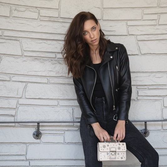 Women's Cream Off White Leather Crossbody Bag - SUSU Hollywood Studded Mini Purse - Diazza