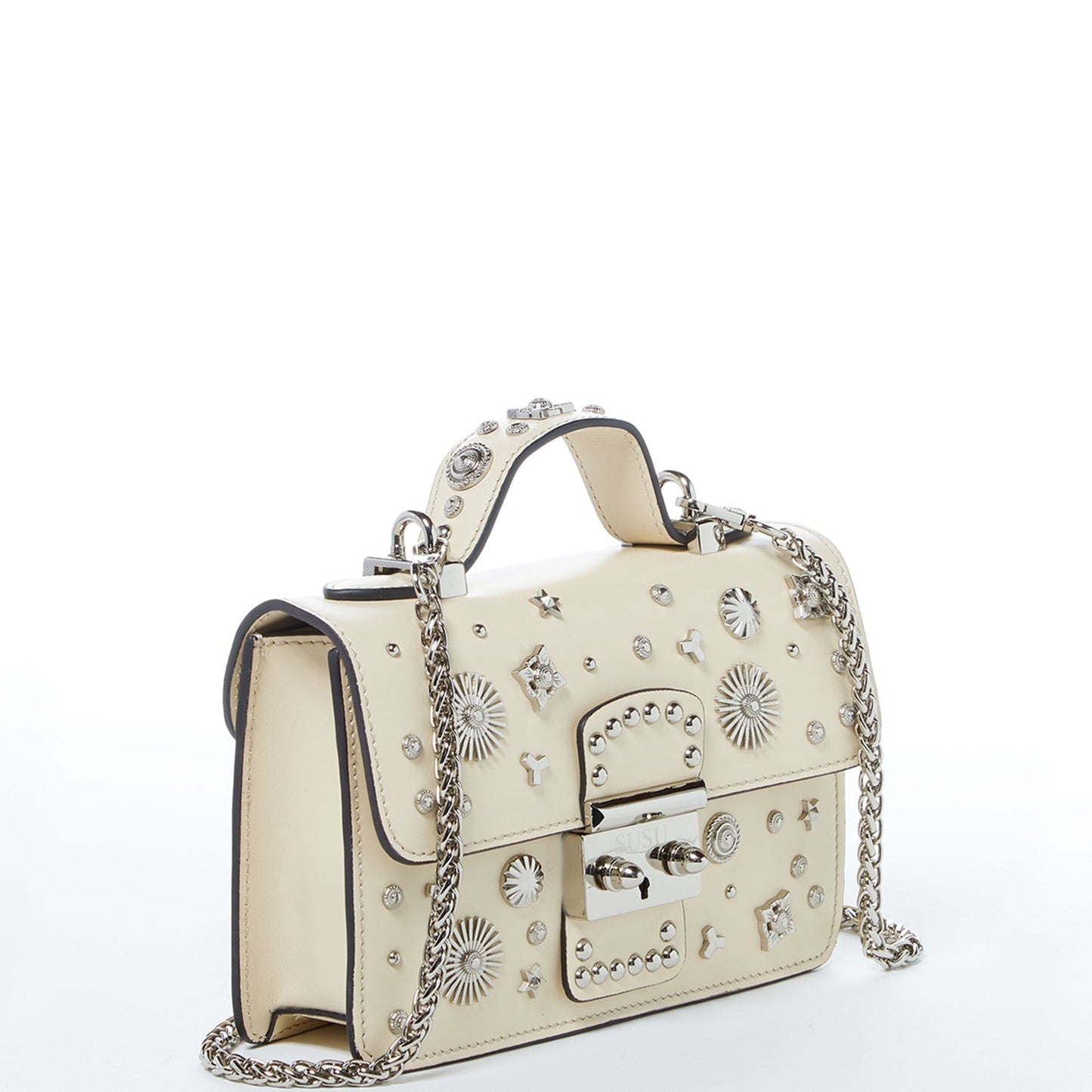 Women's Cream Off White Leather Crossbody Bag - SUSU Hollywood Studded Mini Purse - Diazza