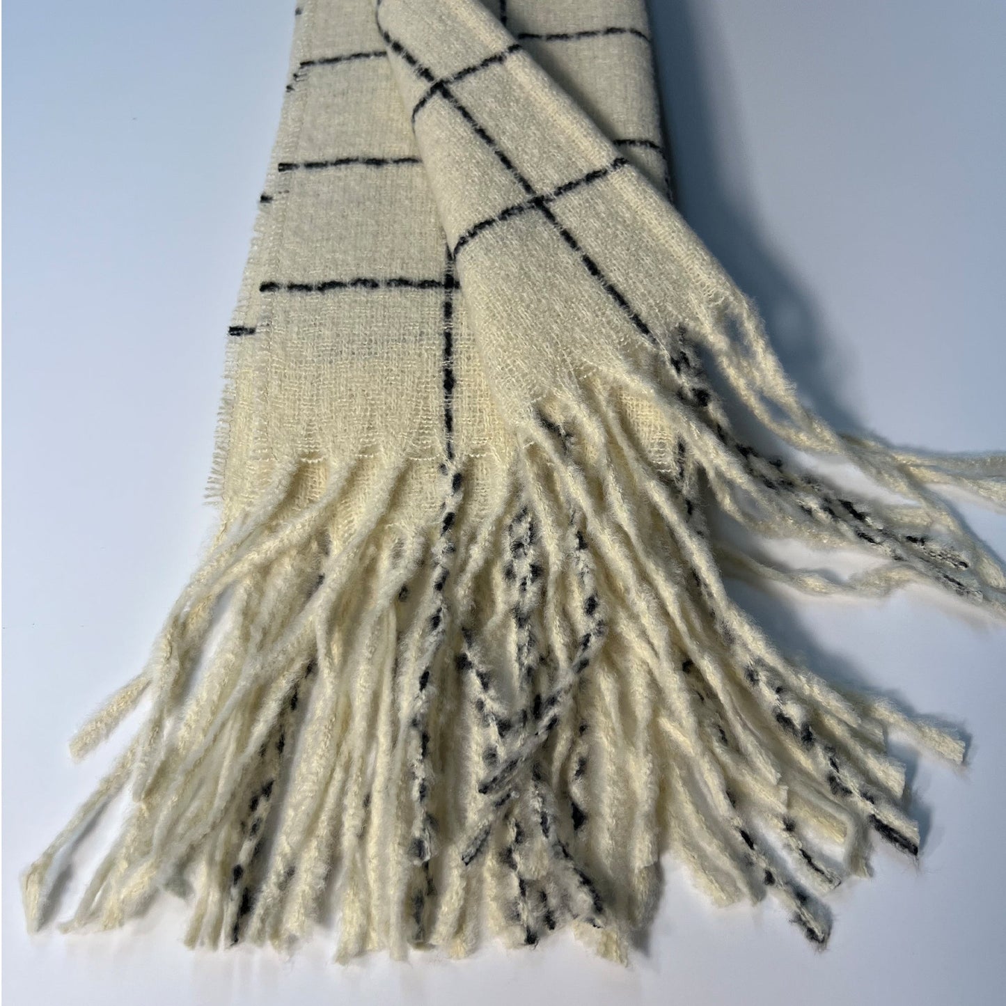 Women's Creamy White Plaid Scarf - Cashmere - Feel Winter Scarf with Fringe 80" x 25" - Diazza