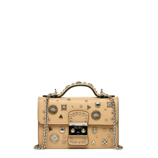 Women's Dark Beige Leather Crossbody Bag - SUSU Small Studded Tan Purse - Diazza