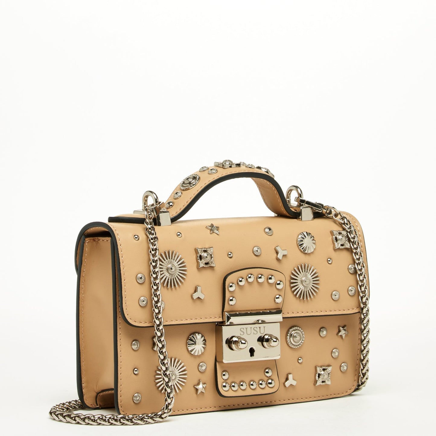 Women's Dark Beige Leather Crossbody Bag - SUSU Small Studded Tan Purse - Diazza