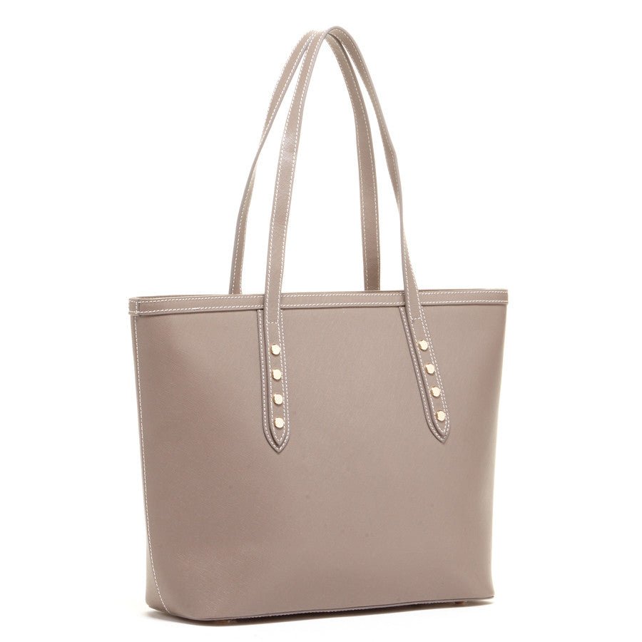 Women's Dark Dune Leather Shoulder Bag - SUSU Ludlow Studded Tote with Zipper - Diazza