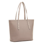 Women's Dark Dune Leather Shoulder Bag - SUSU Ludlow Studded Tote with Zipper - Diazza