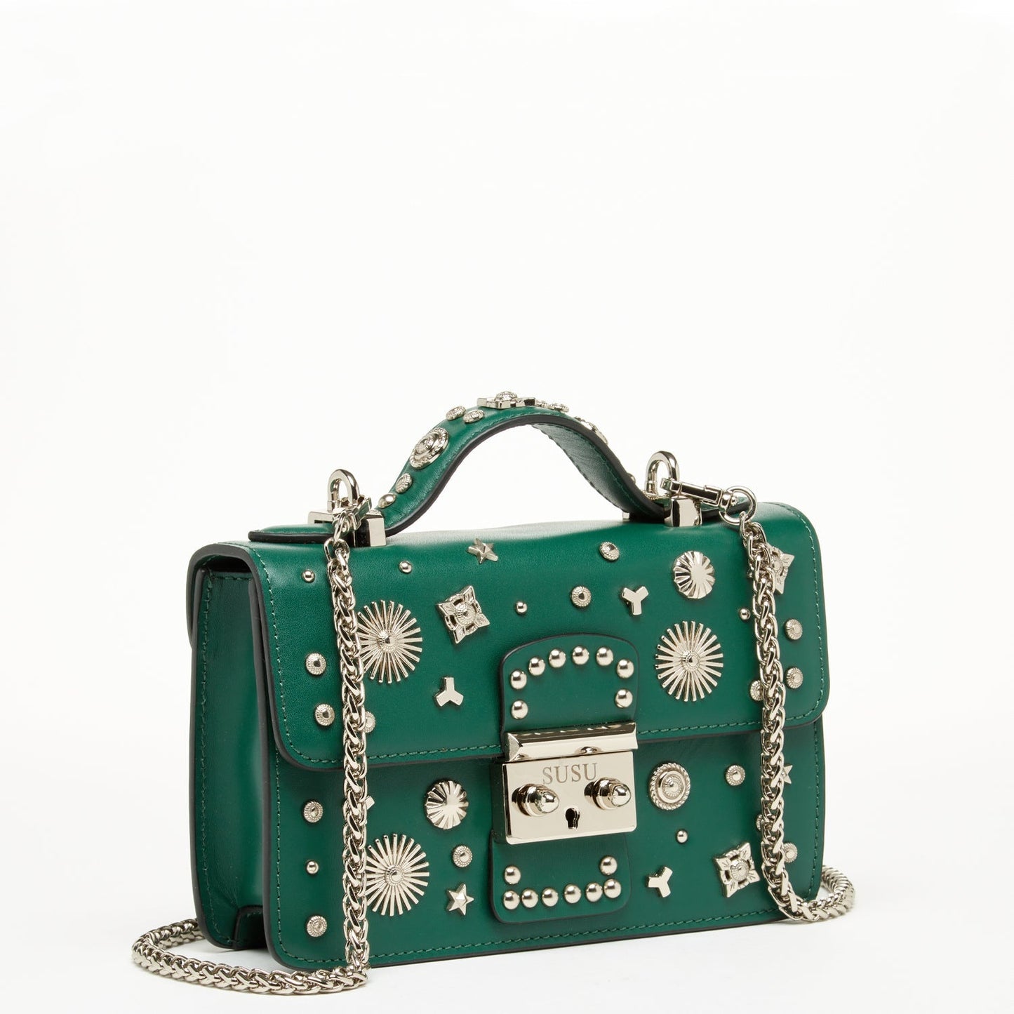 Women's Dark Green Leather Crossbody Bag - SUSU Small Studded Purse - Diazza