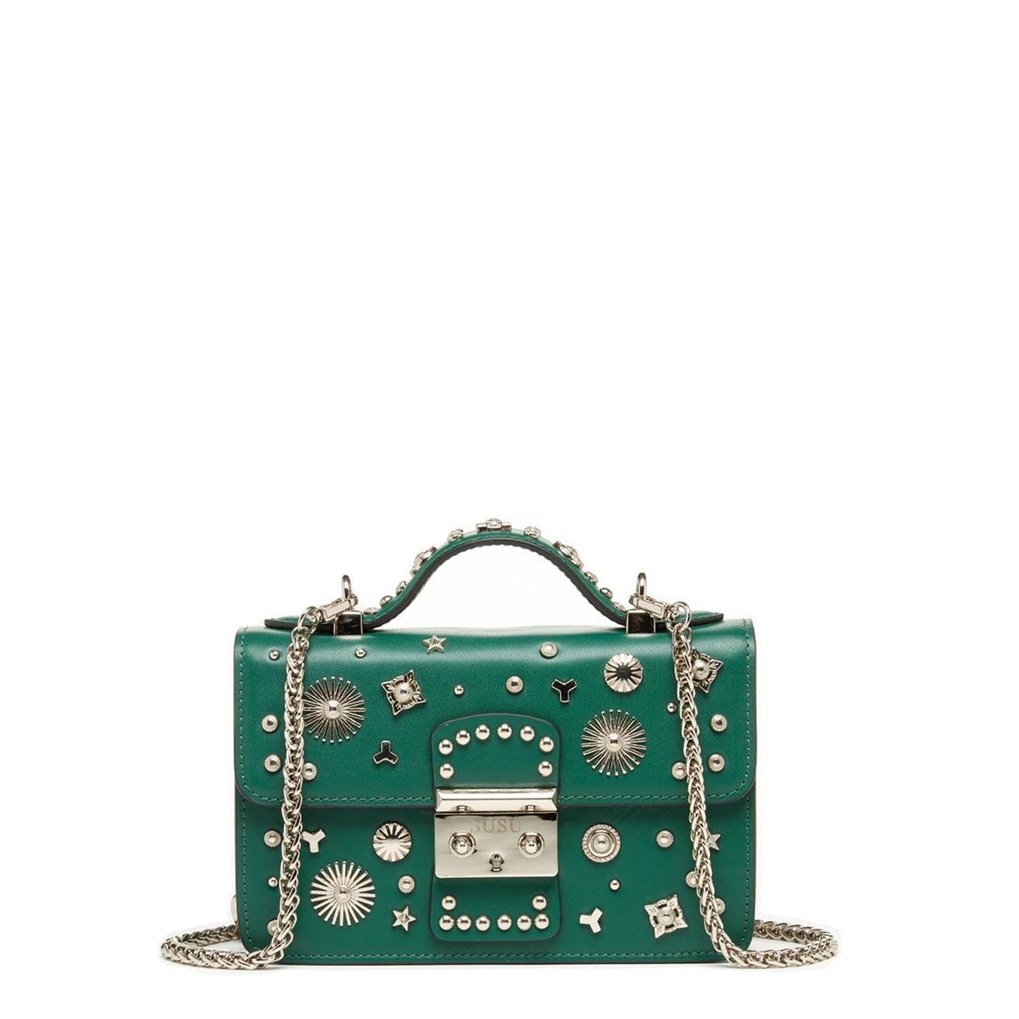 Women's Dark Green Leather Crossbody Bag - SUSU Small Studded Purse - Diazza