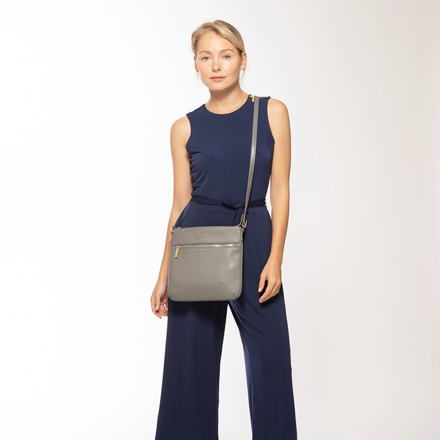 Women's Gray Leather Crossbody Bag - SUSU Saxon Small Messenger Purse - Diazza