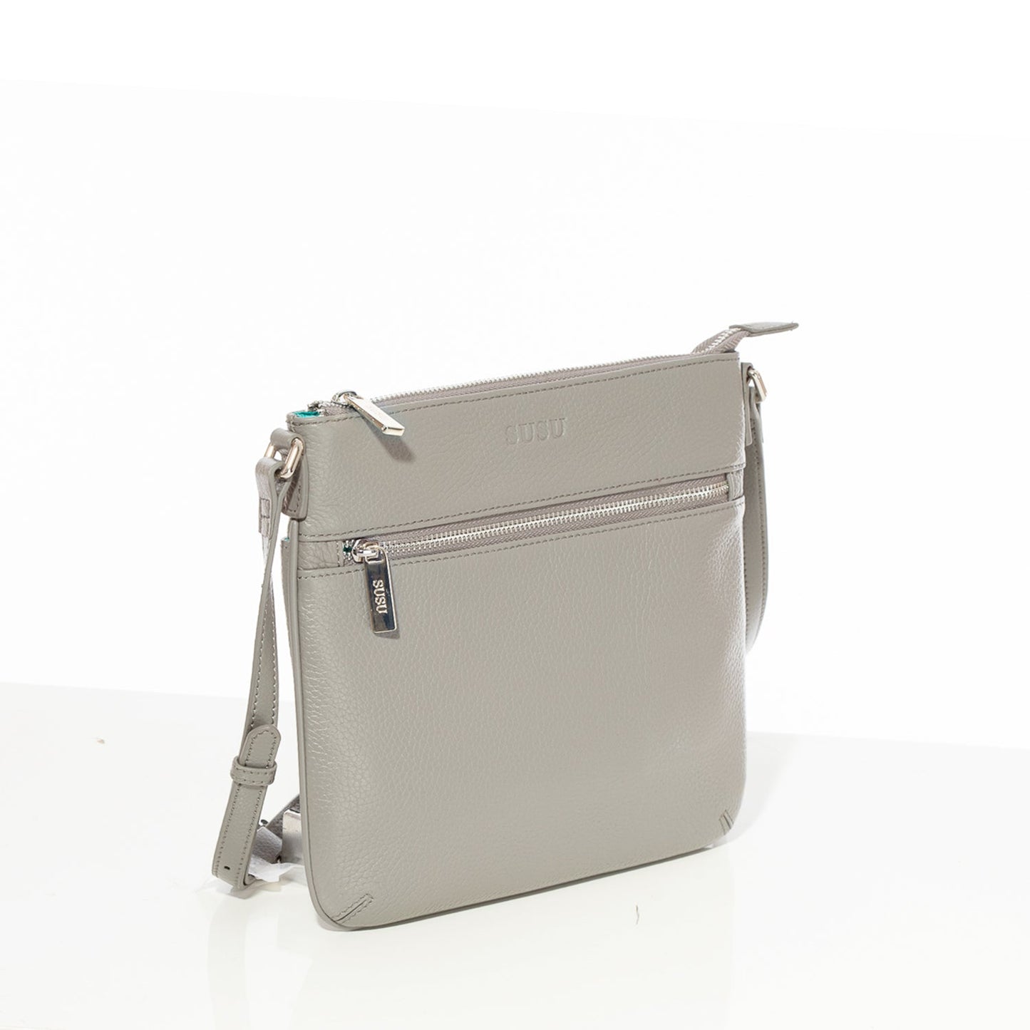 Women's Gray Leather Crossbody Bag - SUSU Saxon Small Messenger Purse - Diazza