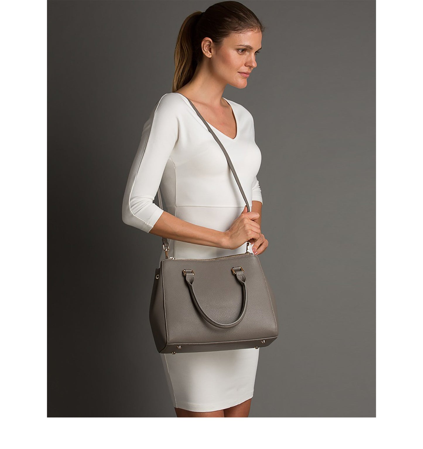Women's Gray Leather Satchel Bag - SUSU Chloe Large Handbag with Crossbody Strap - Diazza