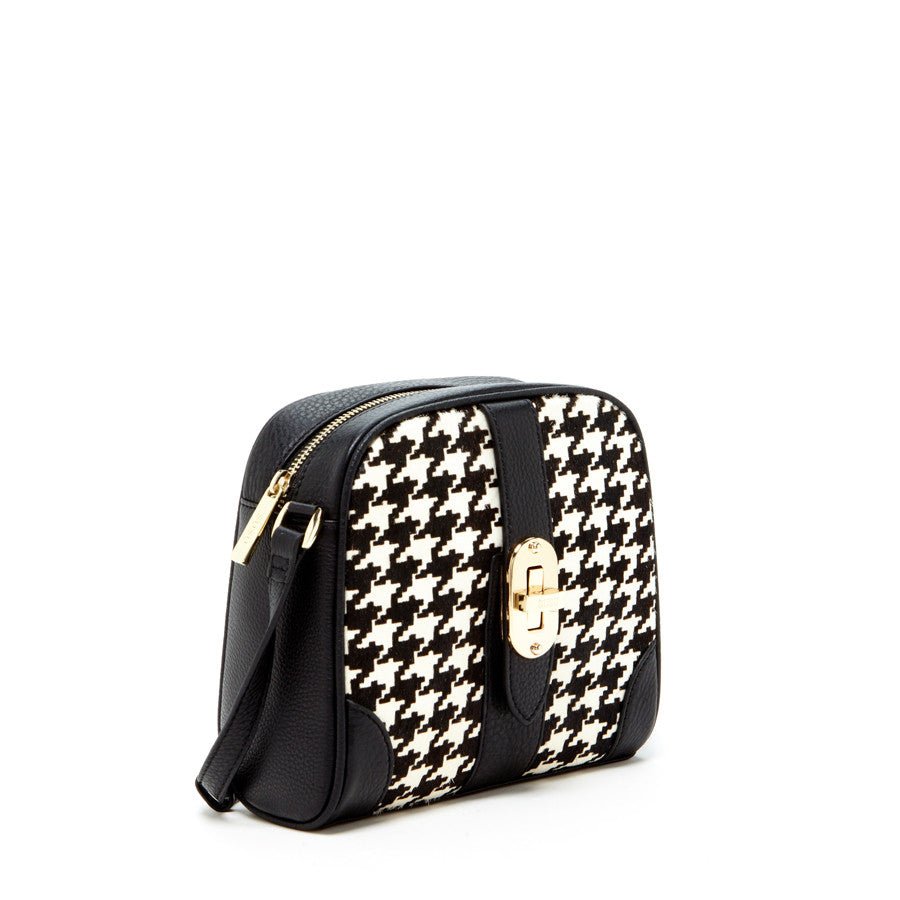 Women's Houndstooth Small Crossbody Bag - Baxter Black & White Leather Purse - Diazza
