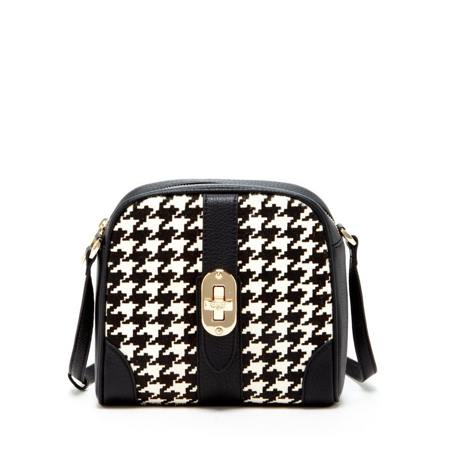 Women's Houndstooth Small Crossbody Bag - Baxter Black & White Leather Purse - Diazza