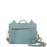 Women's Mineral Blue Leather Cat Purse - SUSU Crossbody Handbag with Cat Design - Diazza