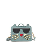 Women's Mineral Blue Leather Cat Purse - SUSU Crossbody Handbag with Cat Design - Diazza