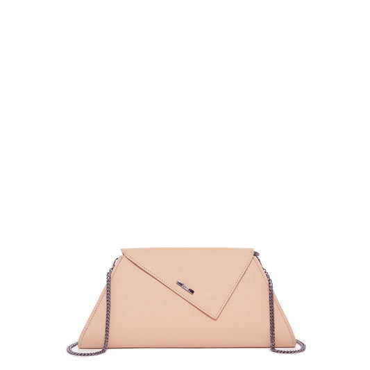 Women's Nude Beige Leather Clutch Bag - SUSU Evening Crossbody Purse with Chain - Diazza