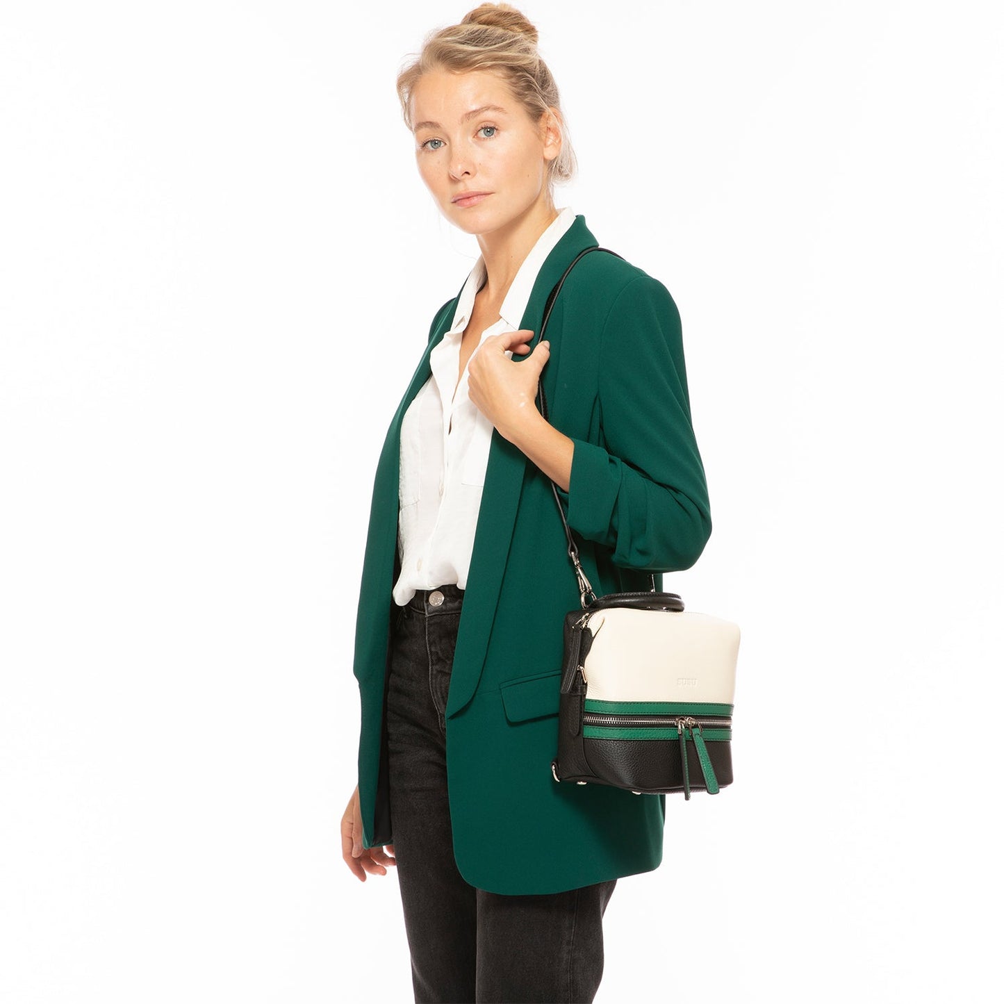 Women's Off White Green Black Leather Convertible Backpack - SUSU Ashley Medium Purse - Diazza