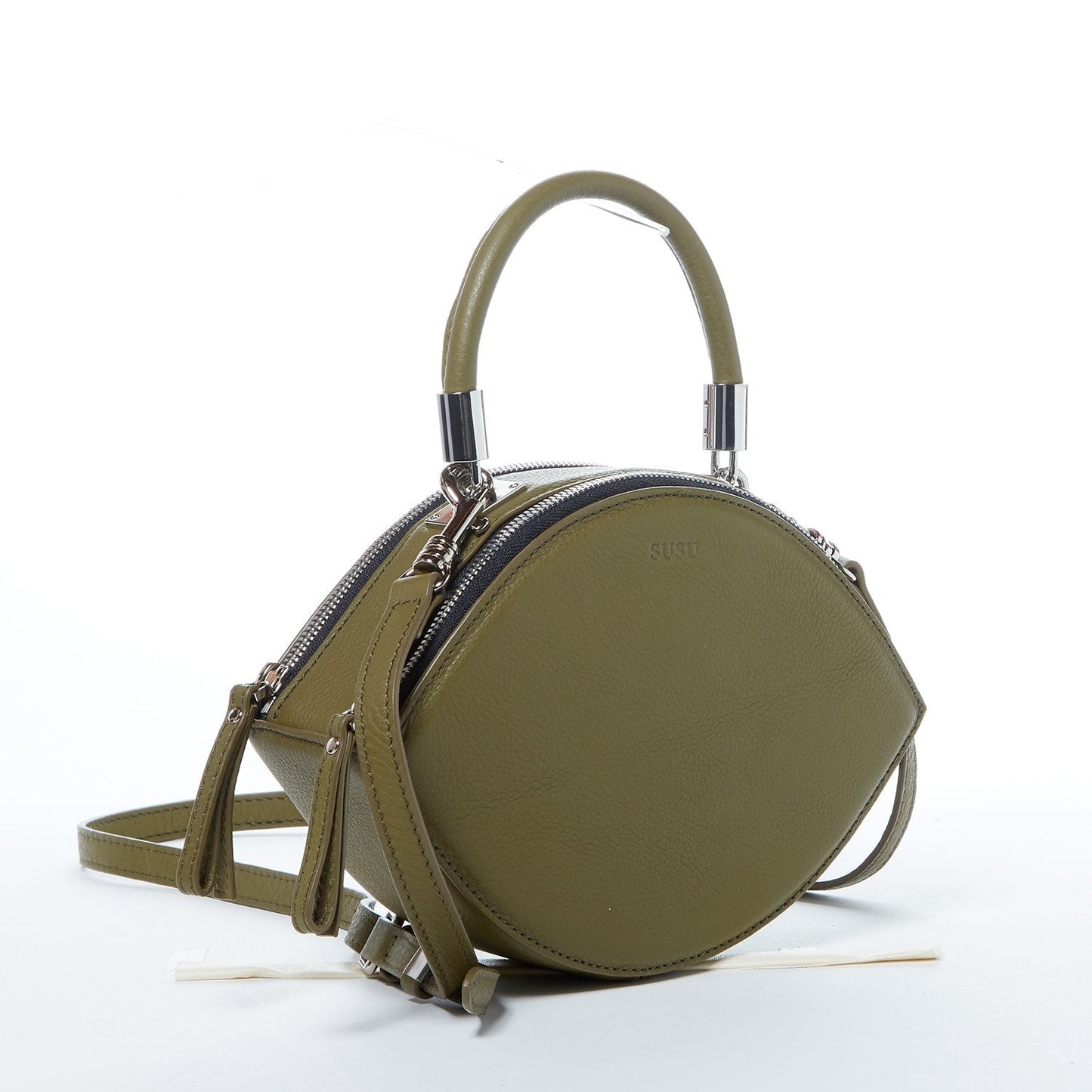 Women's Olive Green Leather Circle Crossbody Bag - Kiss Half Moon Shape Purse - Diazza
