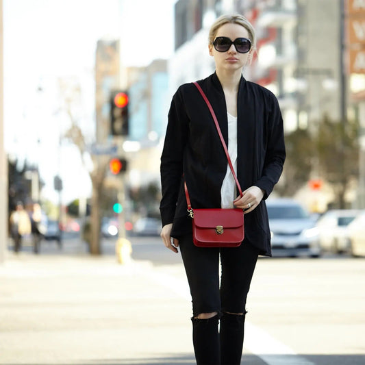 Women's Red Leather Crossbody Bag - SUSU Nanah Camera Bag Style 7.3x5.7x2.5 inches - Diazza