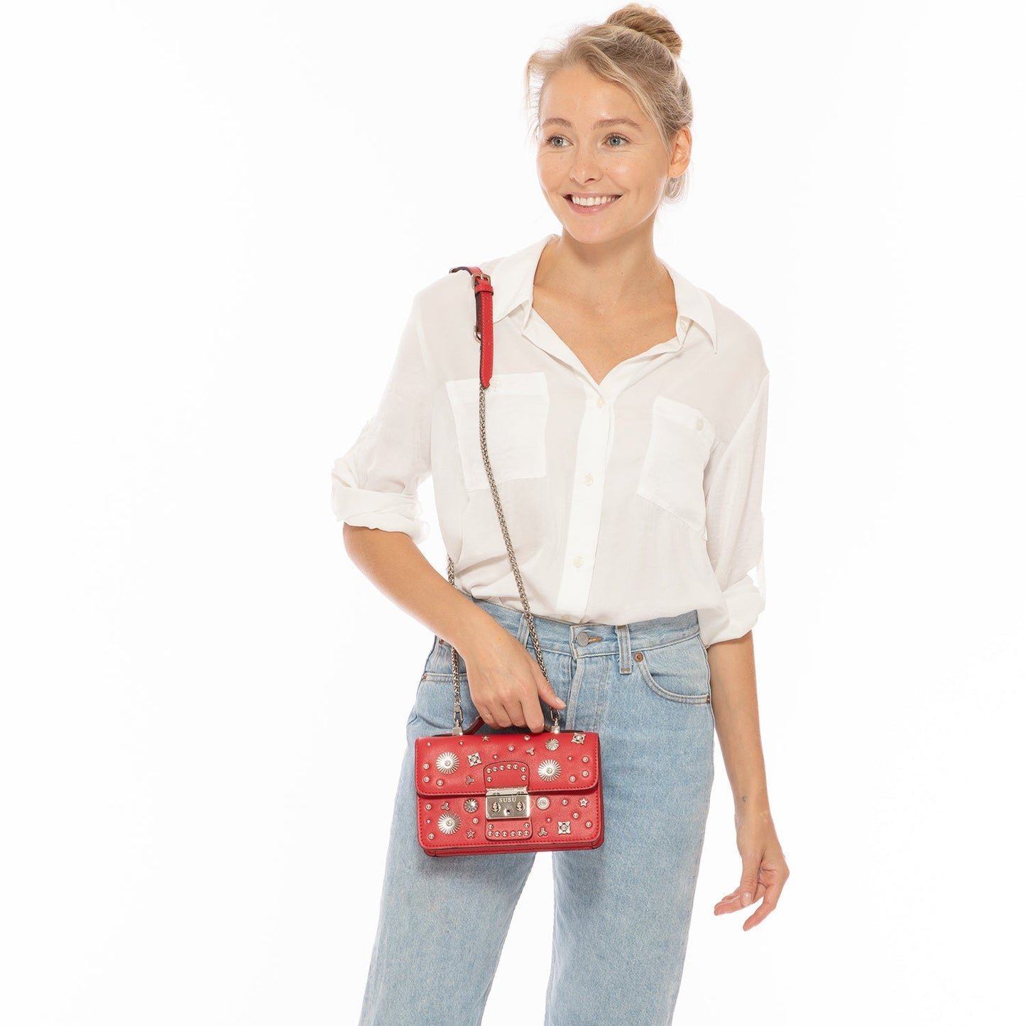 Women's Red Studded Leather Crossbody Bag - SUSU Hollywood Mini Purse - Diazza