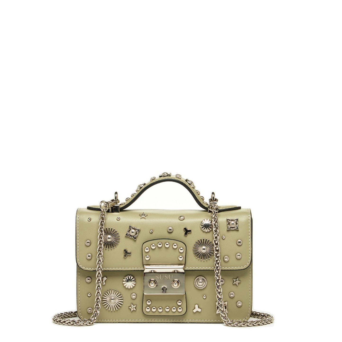Women's Sage Green Leather Crossbody Bag - SUSU Small Studded Purse - Diazza